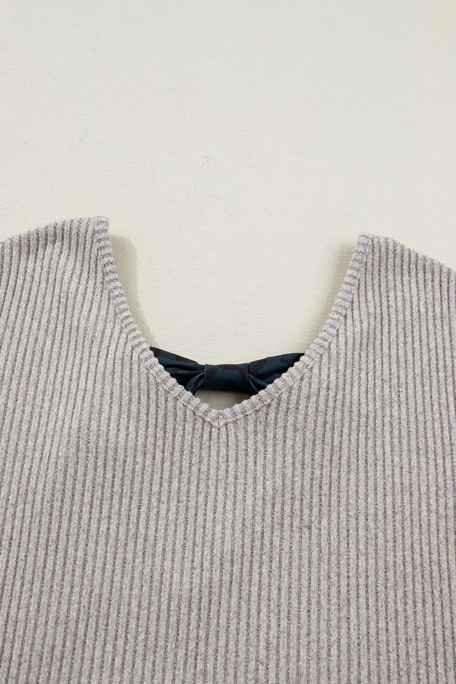 Bow Tie Back Ribbed Long Sleeve V-Neck Top