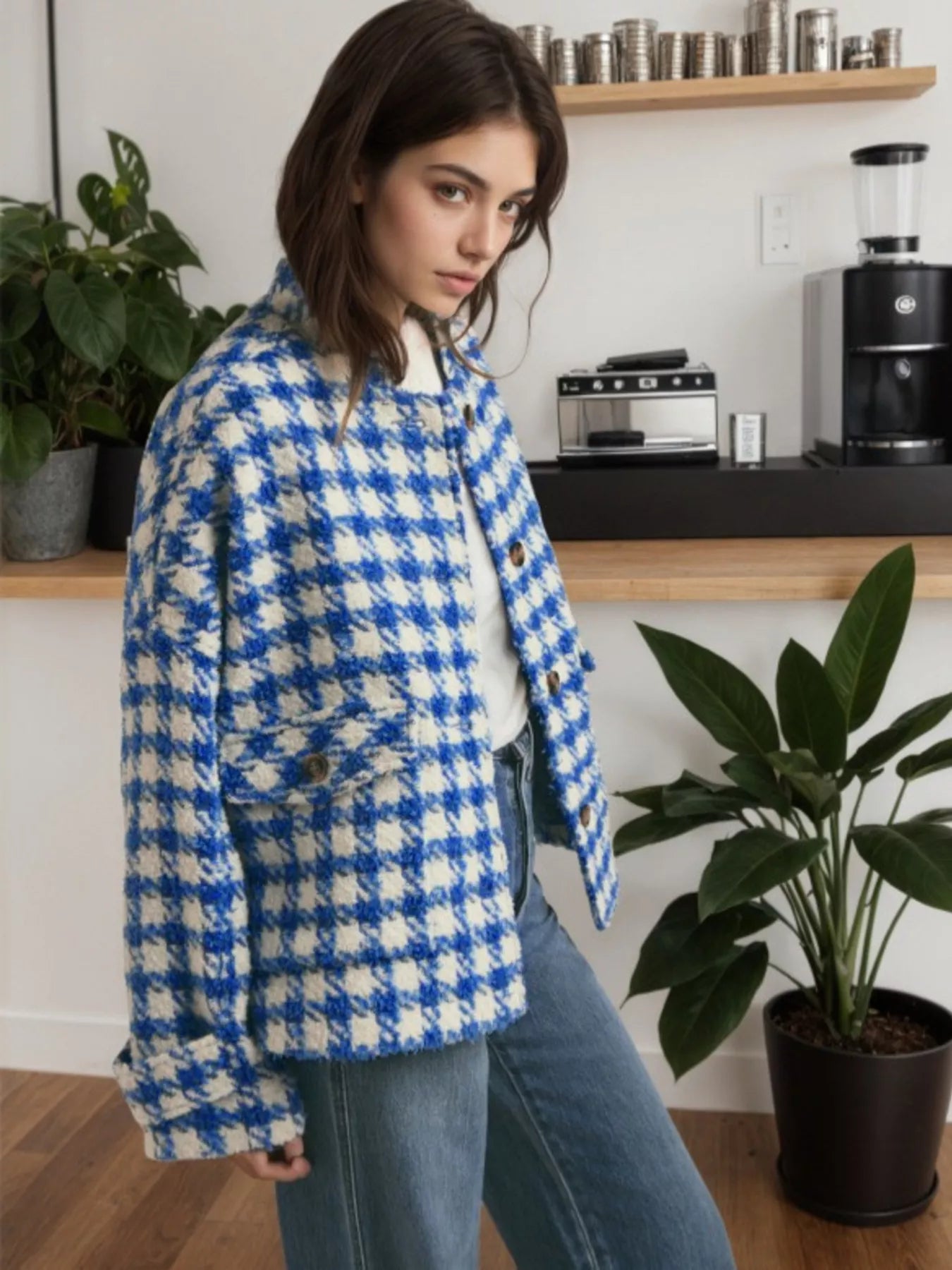 Houndstooth Button Up Long Sleeve Jacket