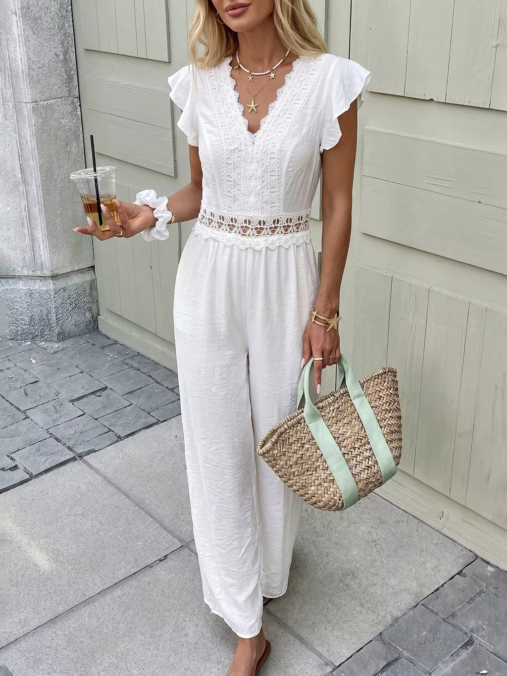 Lace Trim Wide Leg Jumpsuit