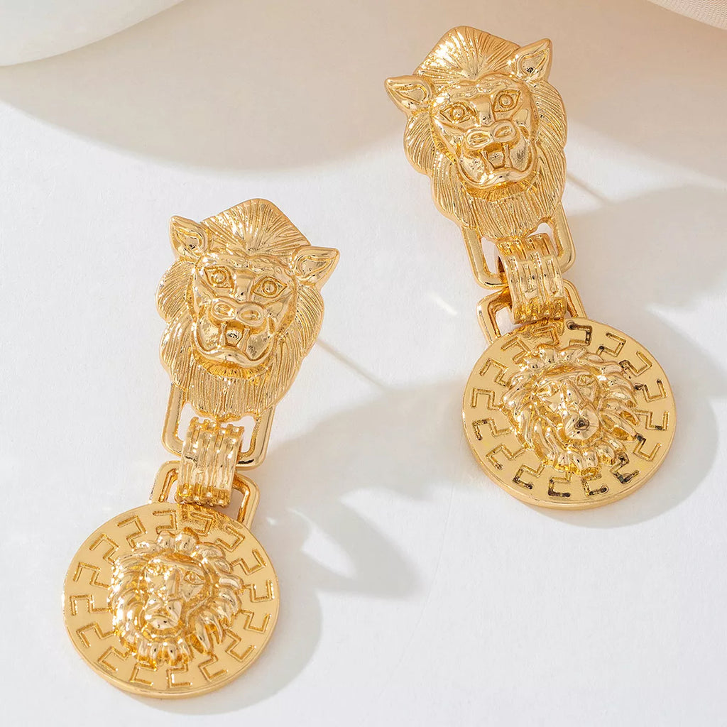 18K Gold-Plated Lion Head Medallion Drop Earrings