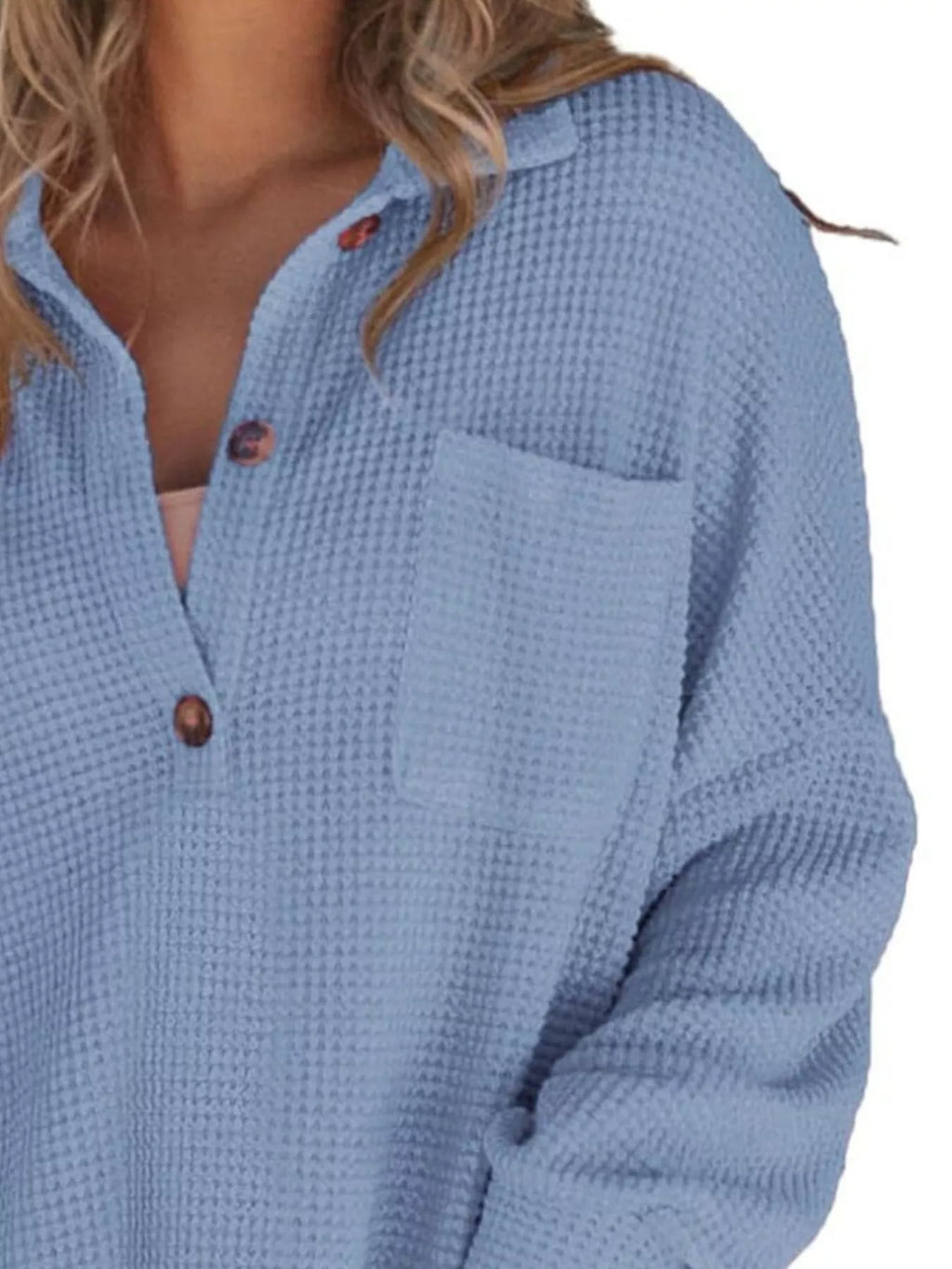 Casual Waffle Knit Button Detail Blouse