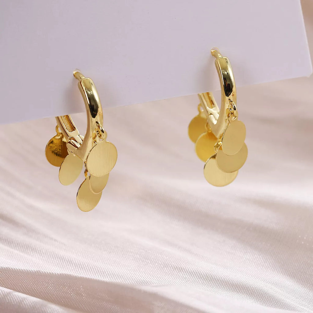 18K Gold-Plated Drop Hoop Earrings with Dangling Disc Charms