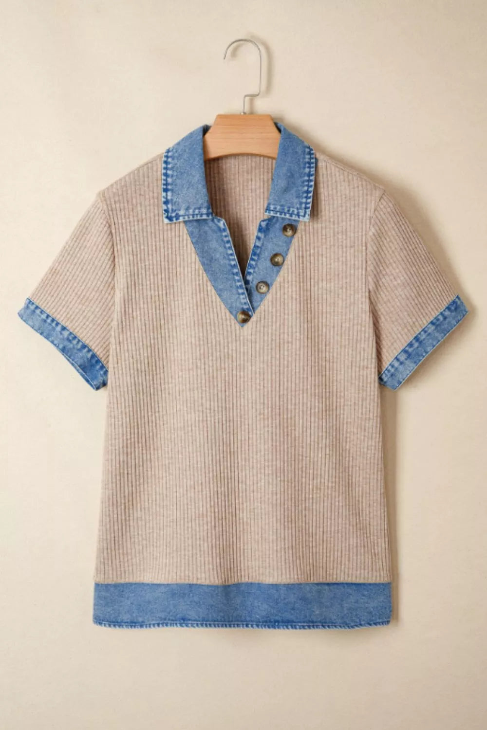 Ribbed Knit Contrast Denim Collar Top