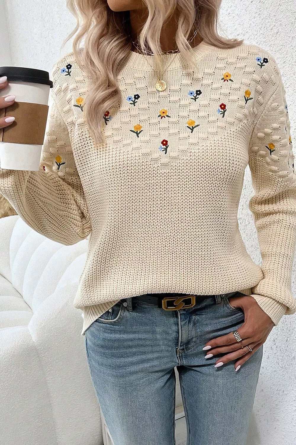 Floral Round Neck Dropped Shoulder Sweater