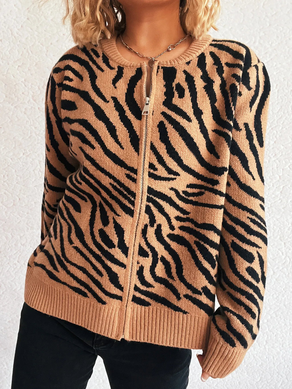 Zebra Print Zip Up Cardigan