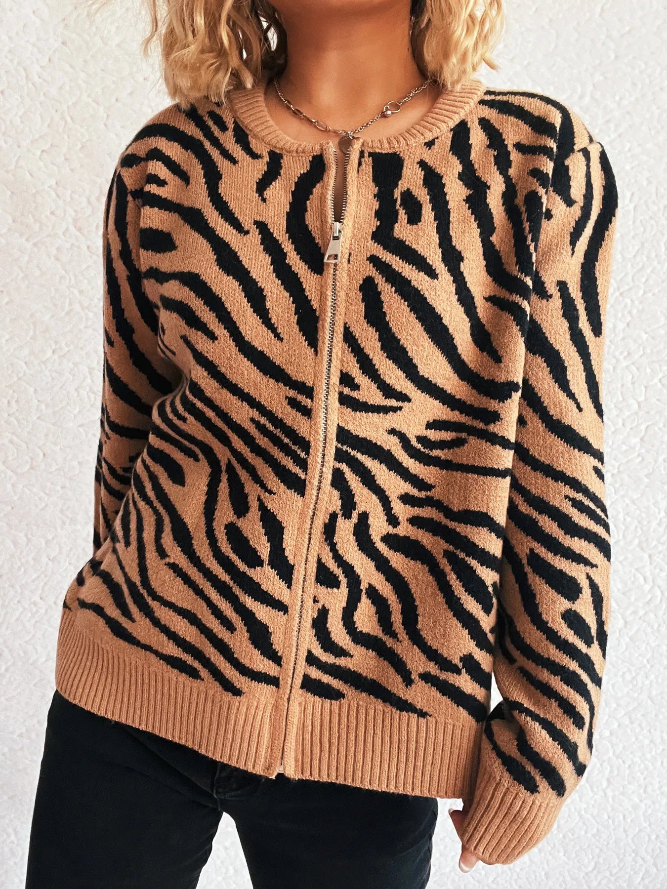 Zebra Print Zip Up Cardigan