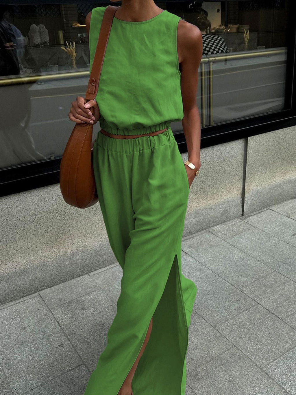 Sleeveless Crop Top and Slit Pants Set
