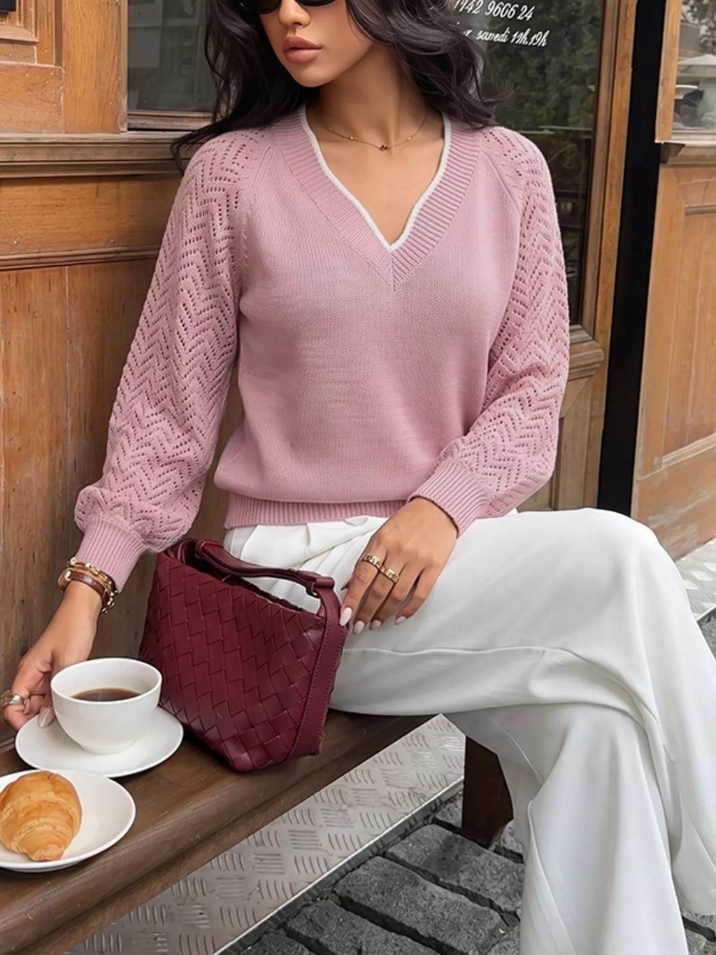 V-Neck Openwork Long Sleeve Sweater