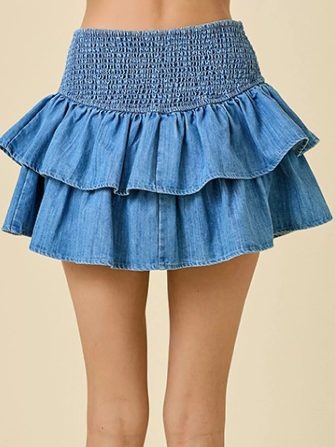 Layered Ruffle Smocked Waist Denim Skirt