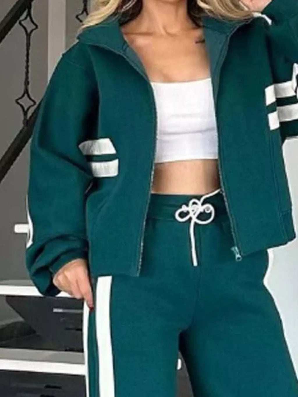 Full Size Contrast Stripe Zip Up Jacket and Pants Set Plus Size