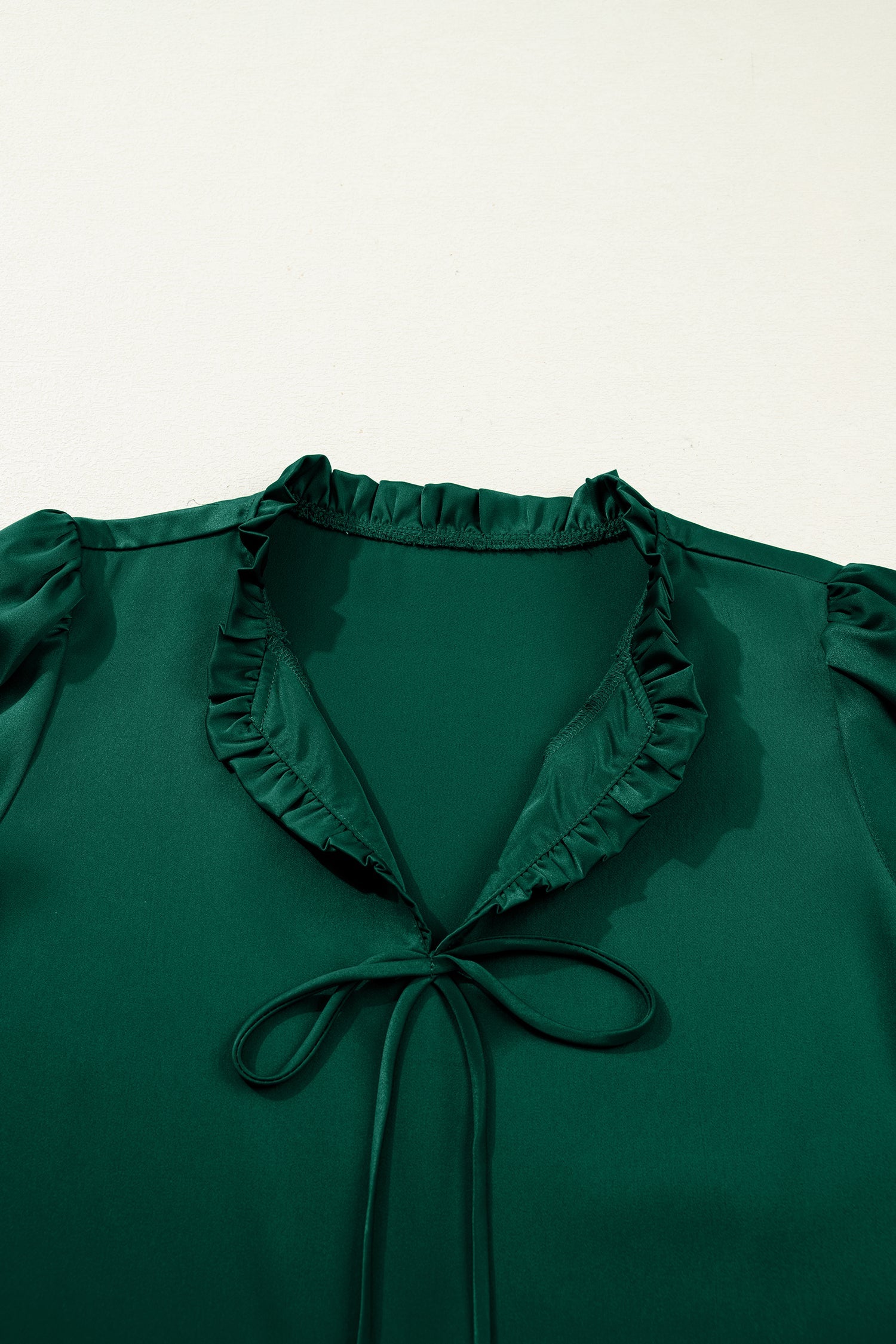 Solid Frilled Bow Tie V-Neck 3/4 Sleeve Blouse