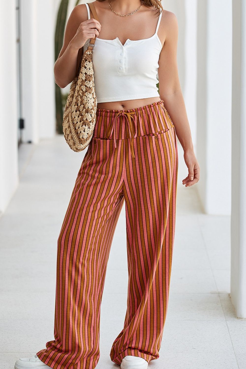 Stripe Button Pocket Tie Waist Casual Wide Leg Pants