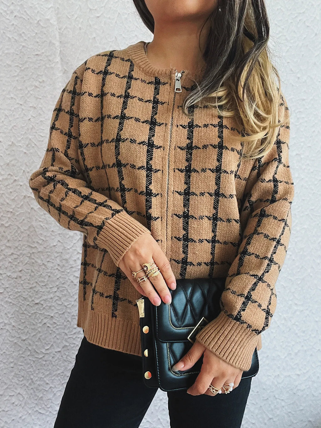 Plaid Pattern Zip Up Cardigan