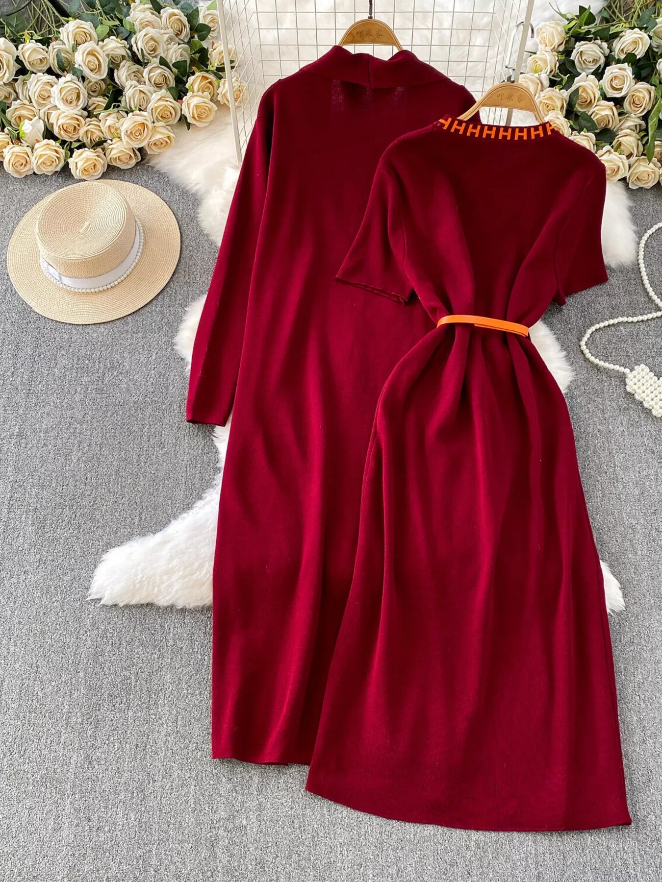 Round Neck Knitted Dress & Cardigan Set