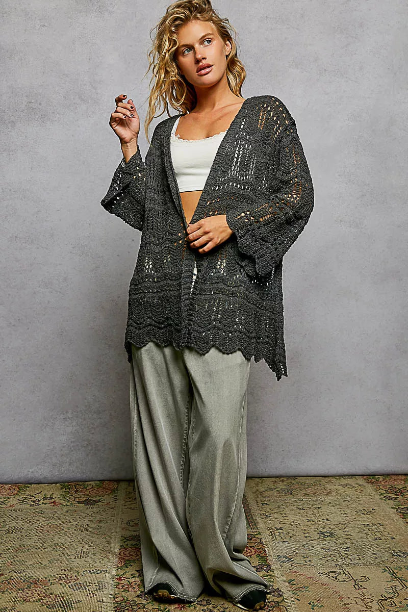 POL Openwork Lightweight Open Front Cardigan with Scalloped Edge