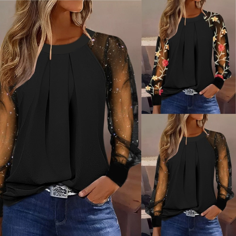 Women Spring Autumn Basic Casual Tops Flower Dot Print Puff Lace Long Sleeve  Tops