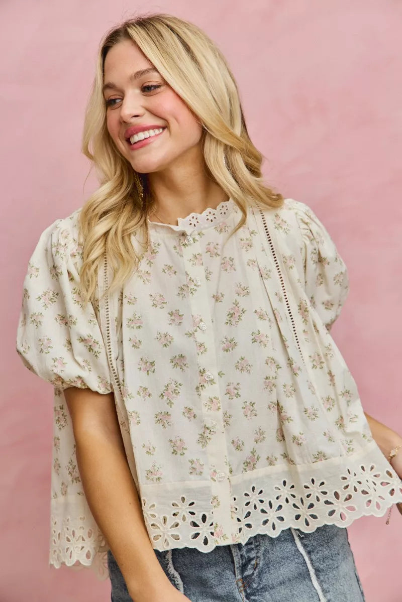 SO ME Floral Print Lace Trim Short Sleeves Blouse