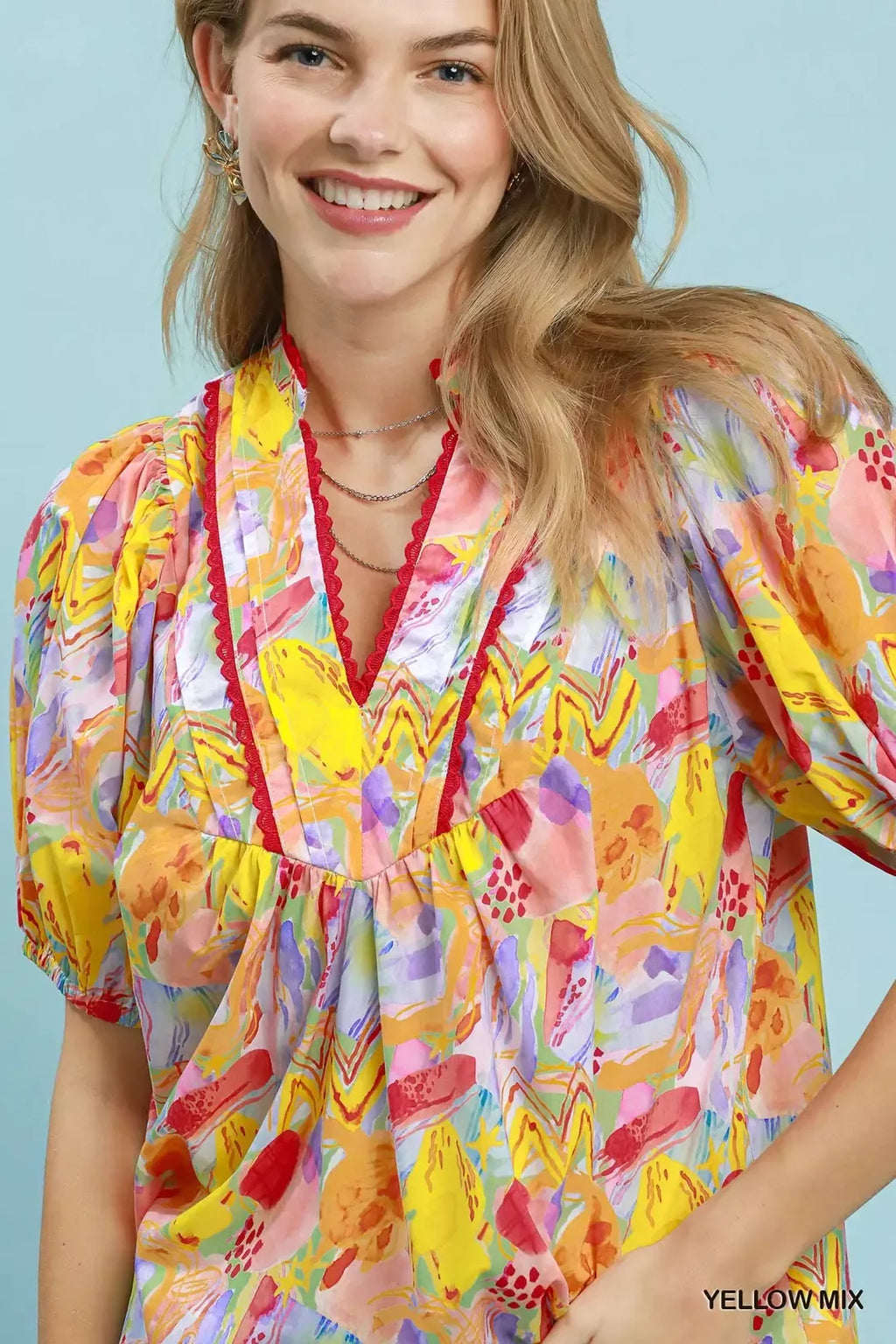 Umgee Abstract Print Puff Sleeve Top
