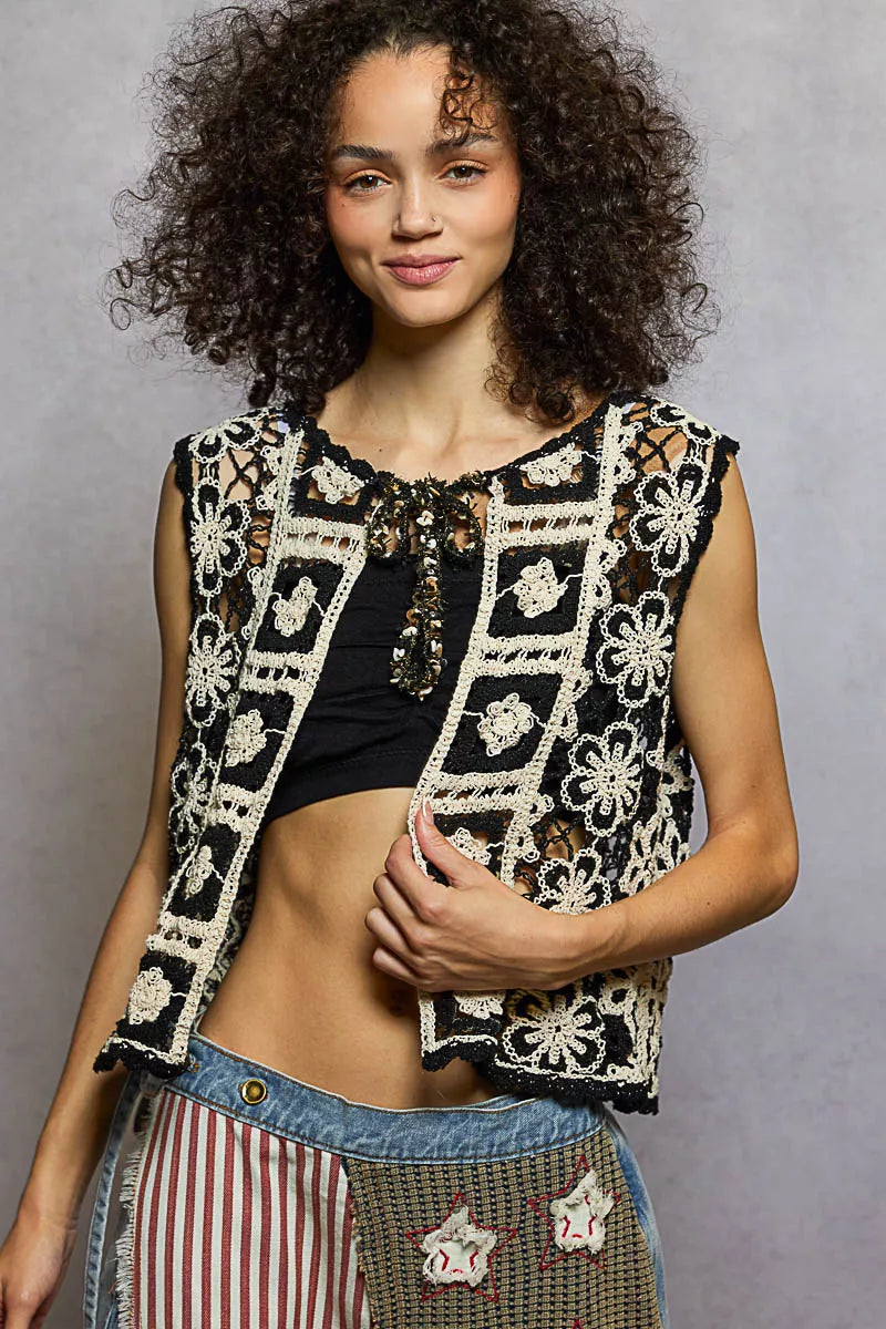 POL Tie Front Floral Pattern Crochet Vest with Scalloped Edge