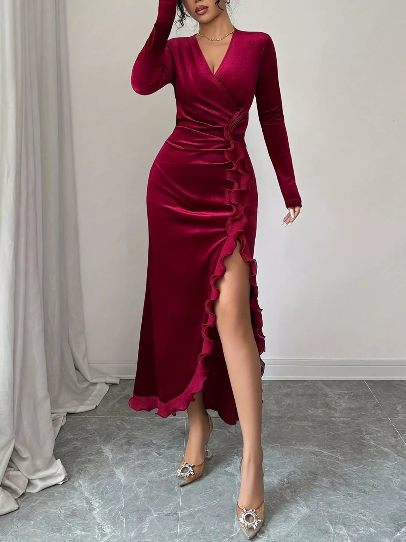 Ruffled Surplice long Sleeve Dress