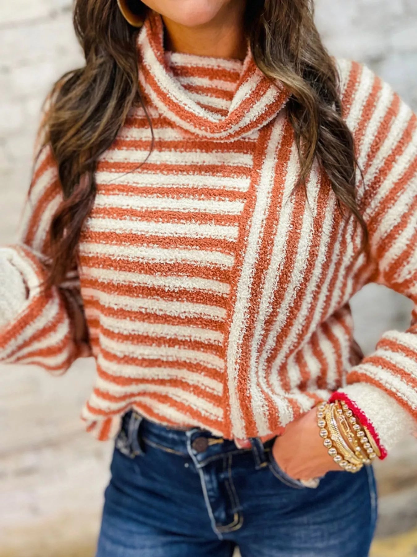 Striped Cowl Neck Long Sleeve Sweater