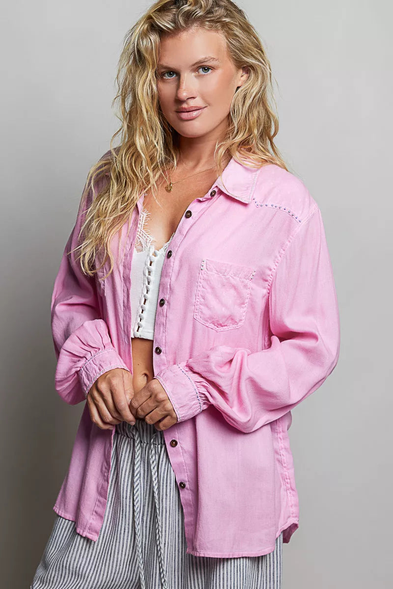 POL Washed Textured Cotton Western Button Front Shirt