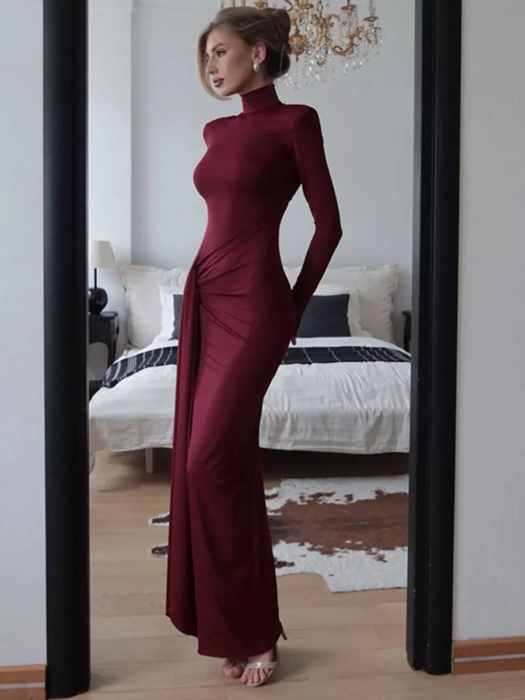 Turtleneck Long Sleeve Tie Waist Maxi Dress