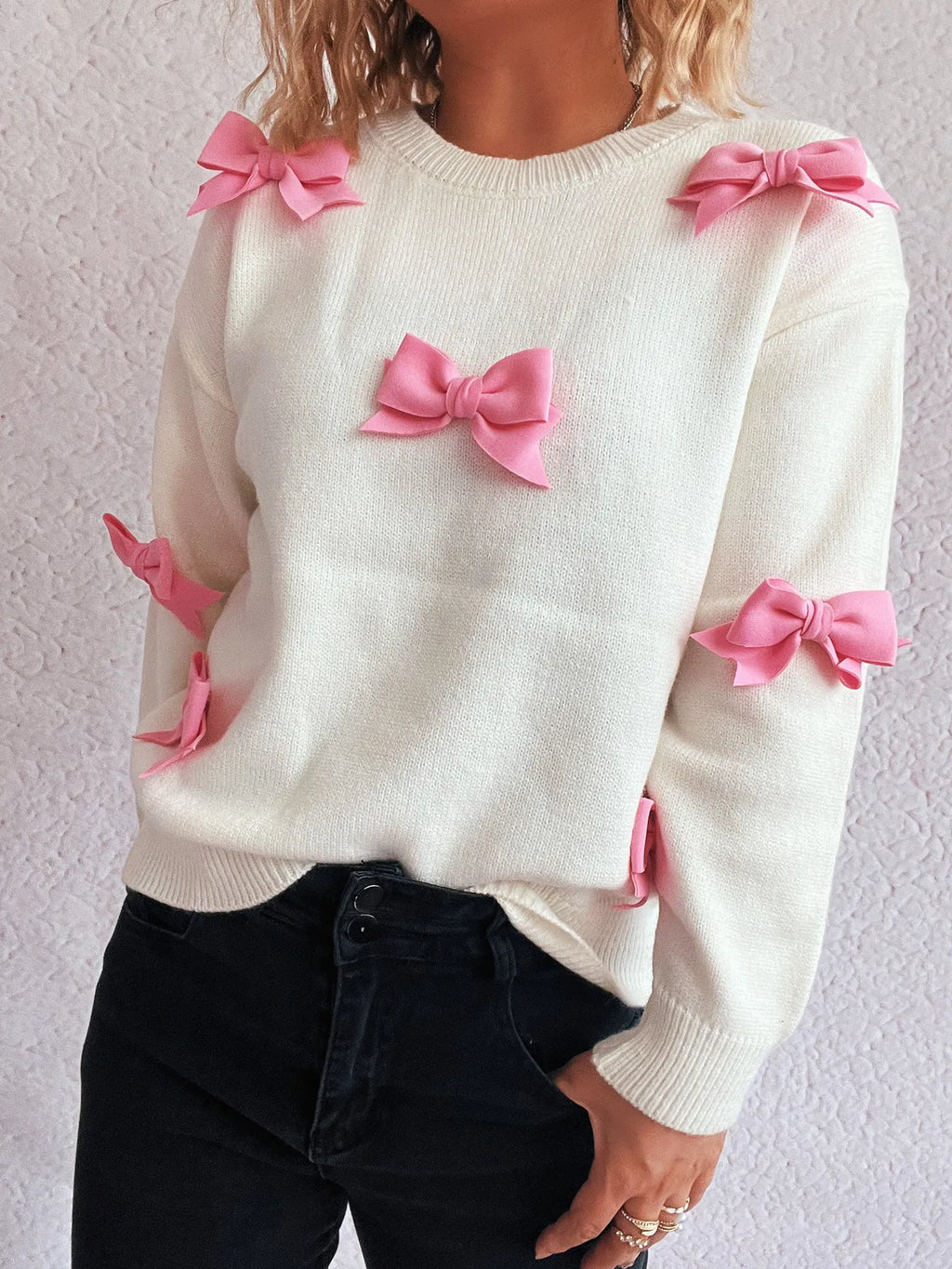 Bow Round Neck Long Sleeve Sweater