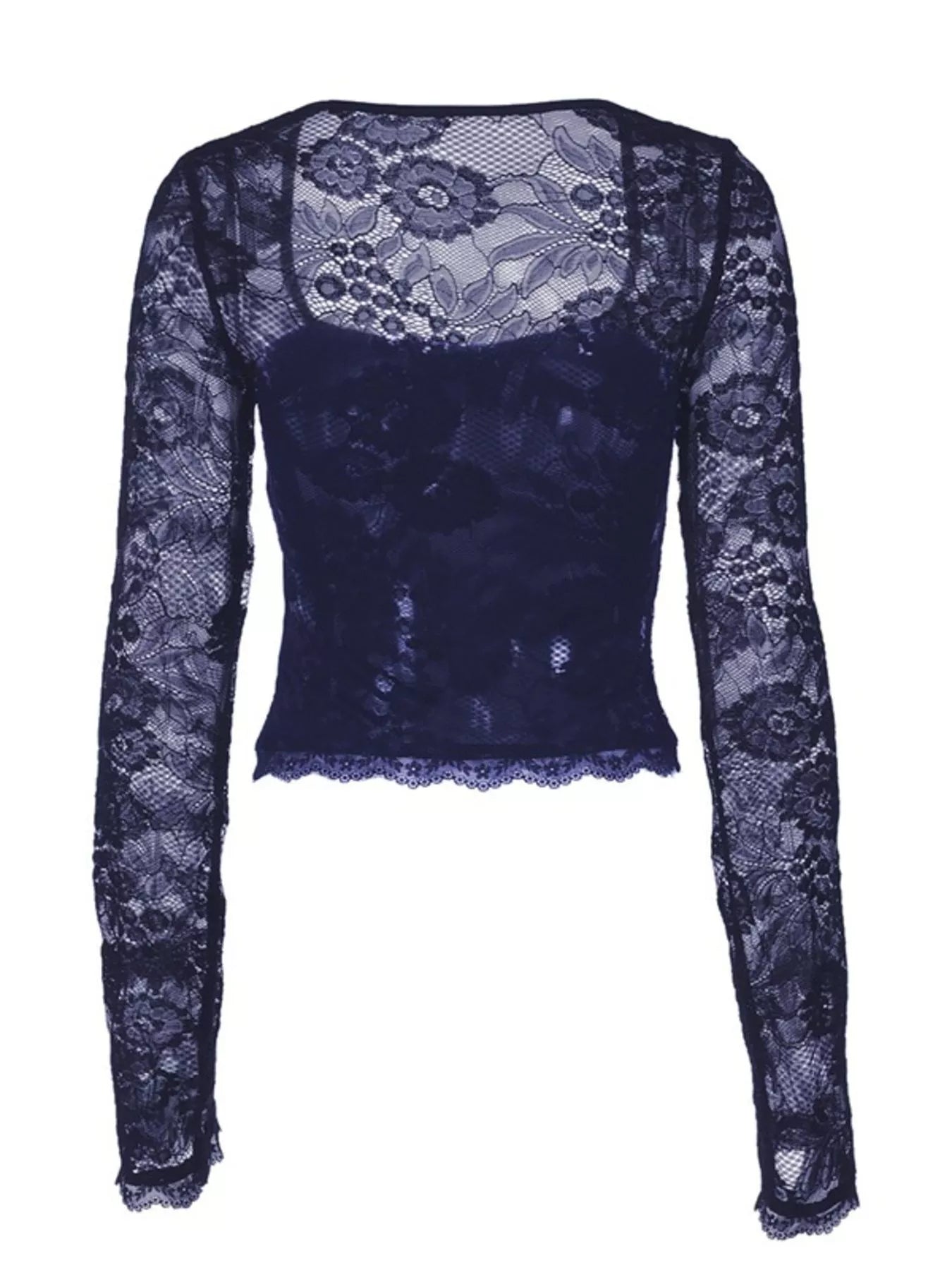 Sheer Lace Sleeve Square Neck T-Shirt