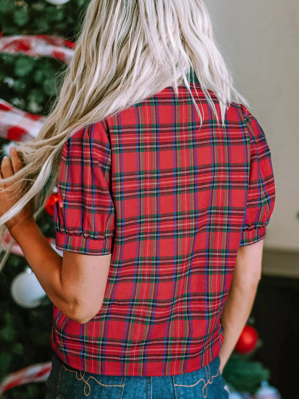 Plaid Notched Short Sleeve Blouse