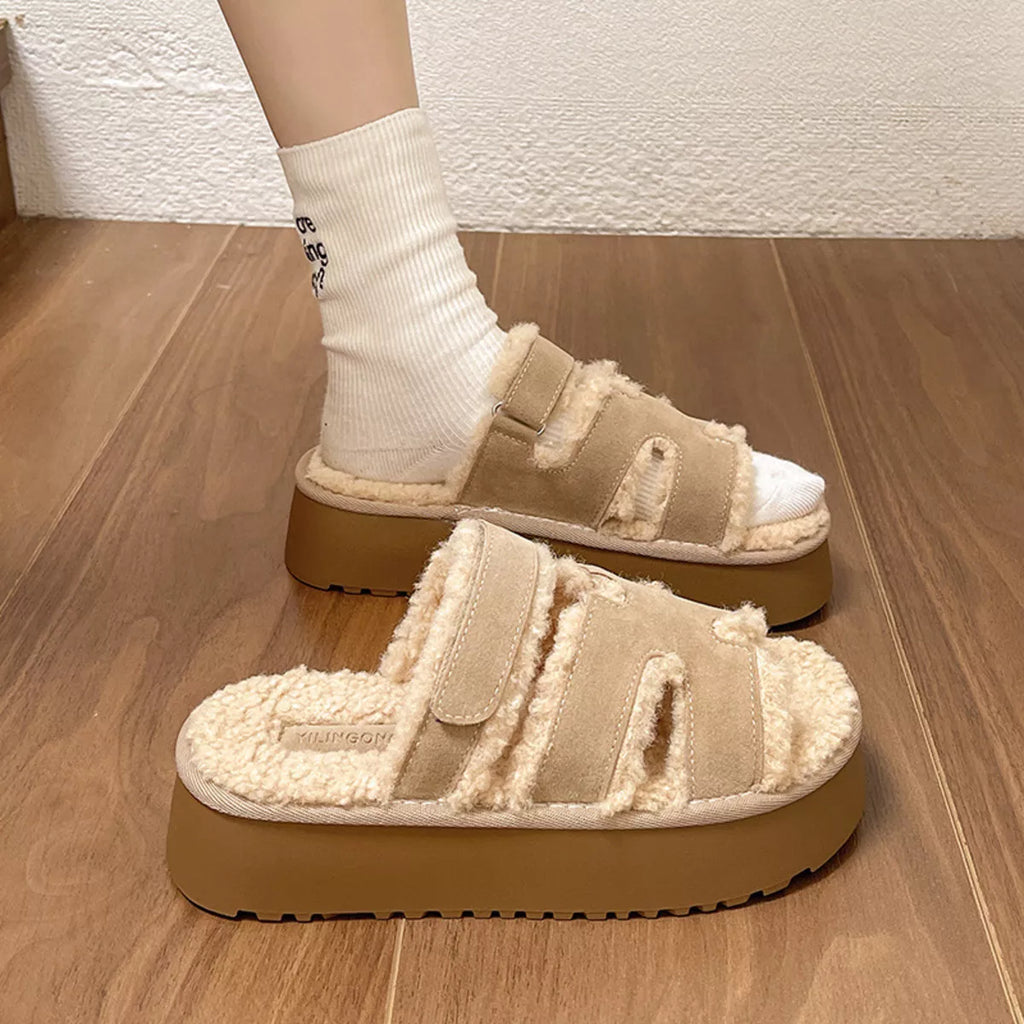 Fluffy Platform Velcro Slippers