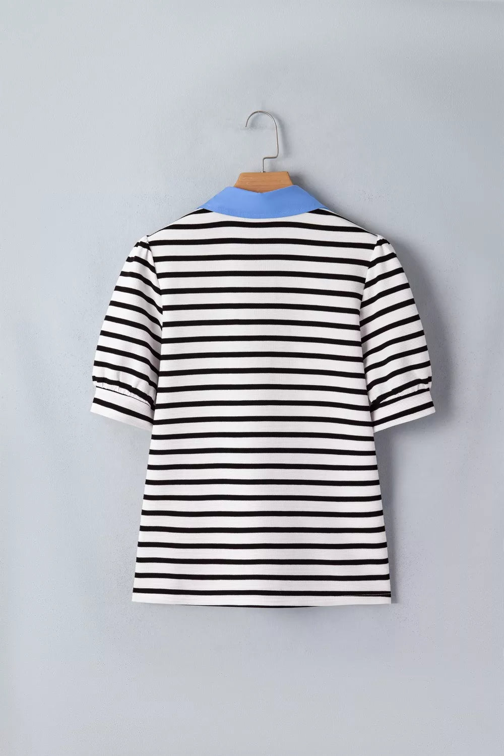 Striped Puff Sleeve Blouse with Contrast Collar