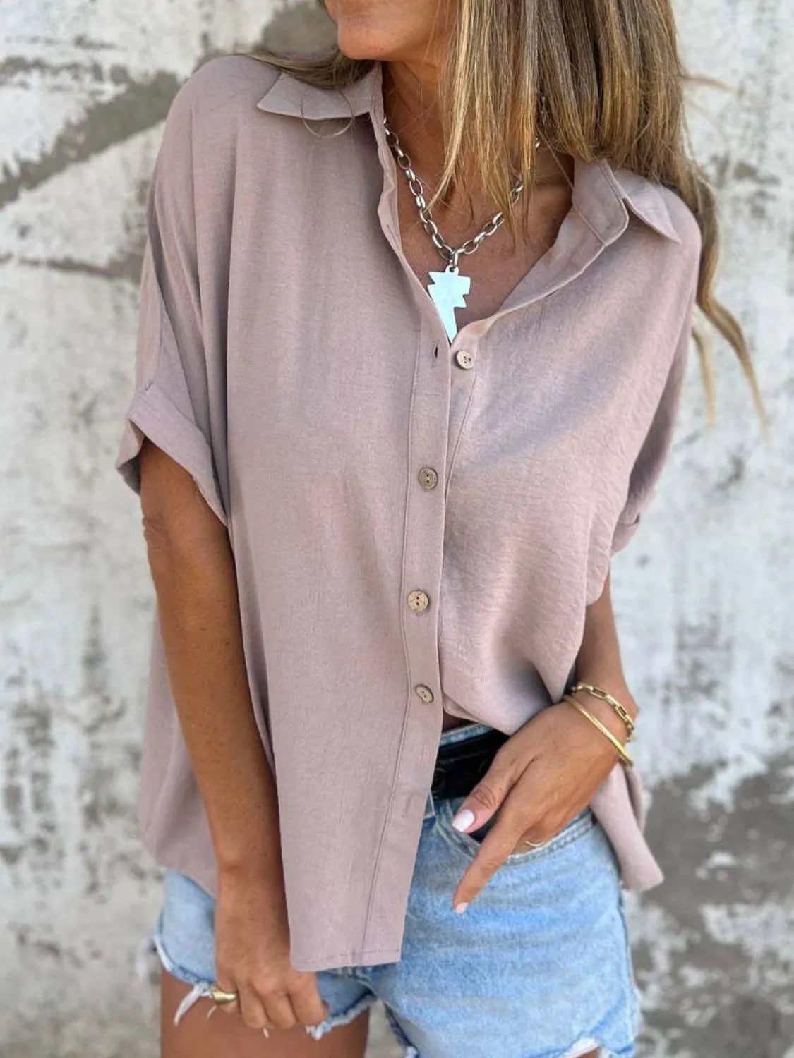 Full Size Collared Neck Half Sleeve Shirt Plus Size
