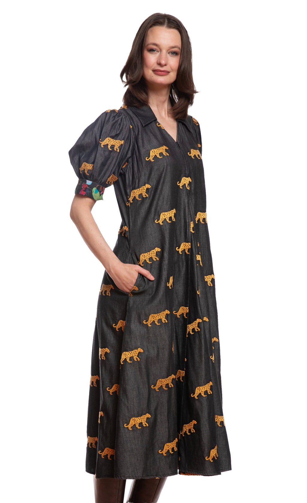 Montauk Dress Black with Embroidered Cheetahs