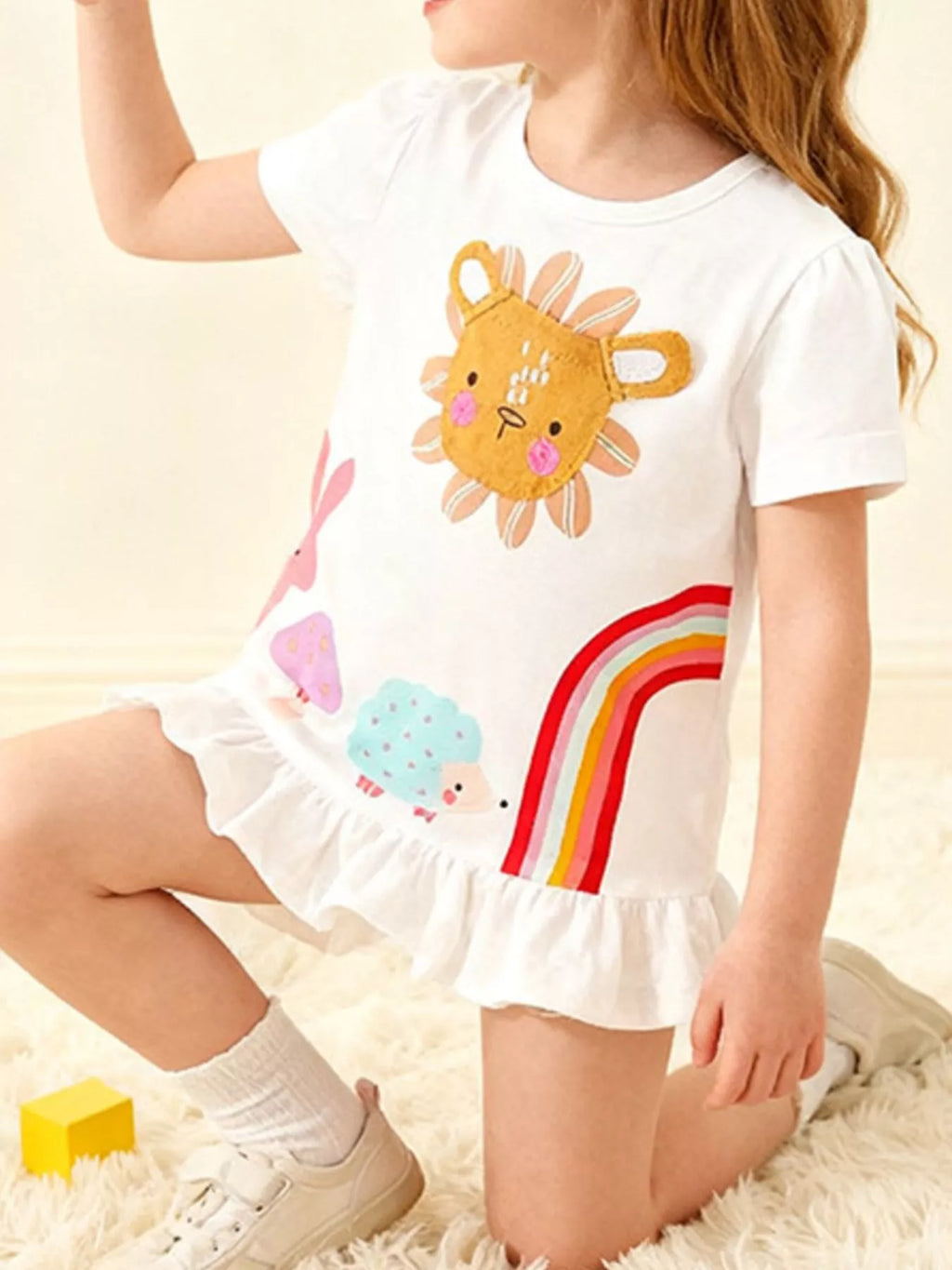 Children's Cartoon Animal Graphic Ruffle Hem T-Shirt