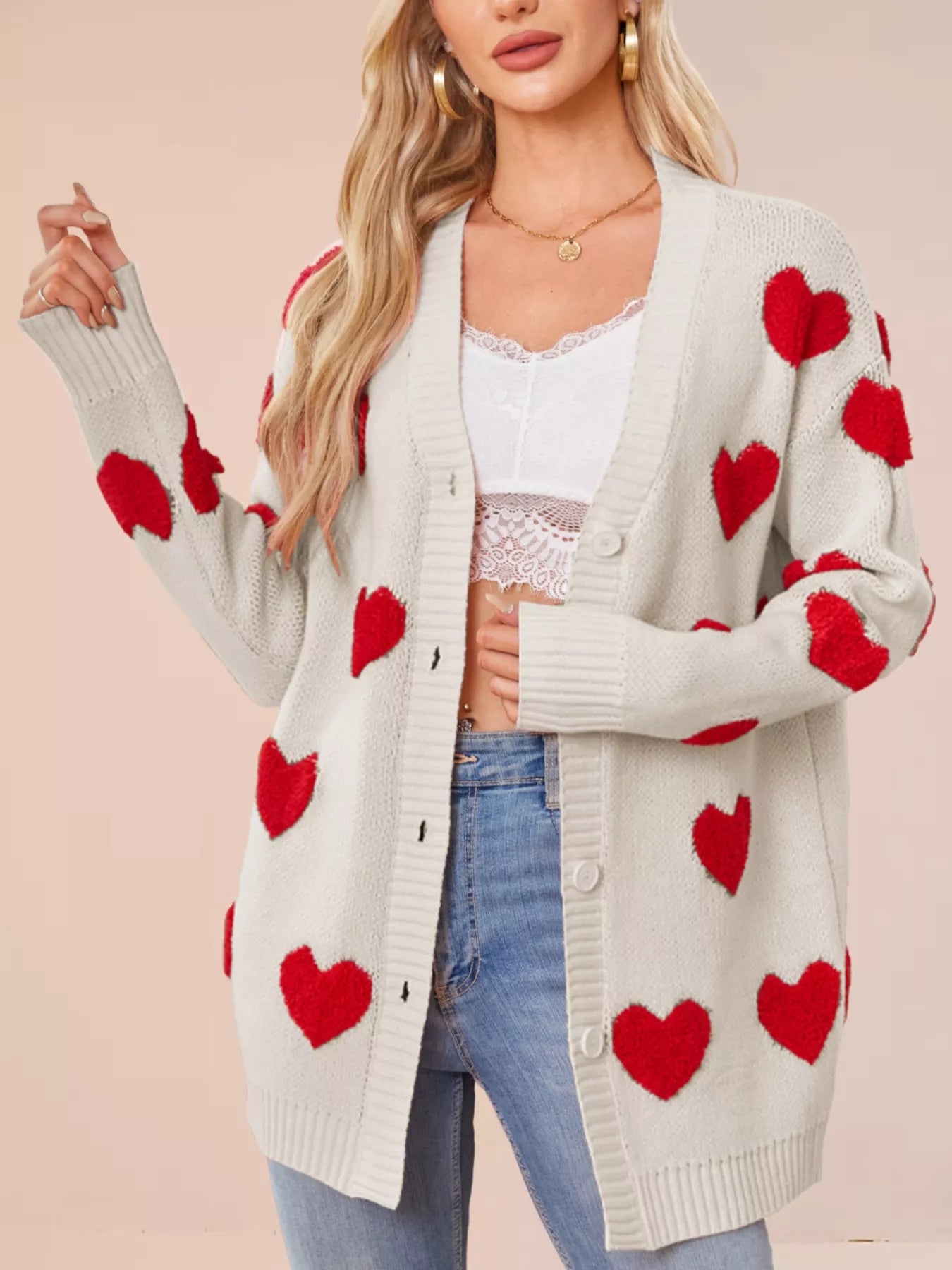 Heart Pattern Knit Button-Up Cardigan