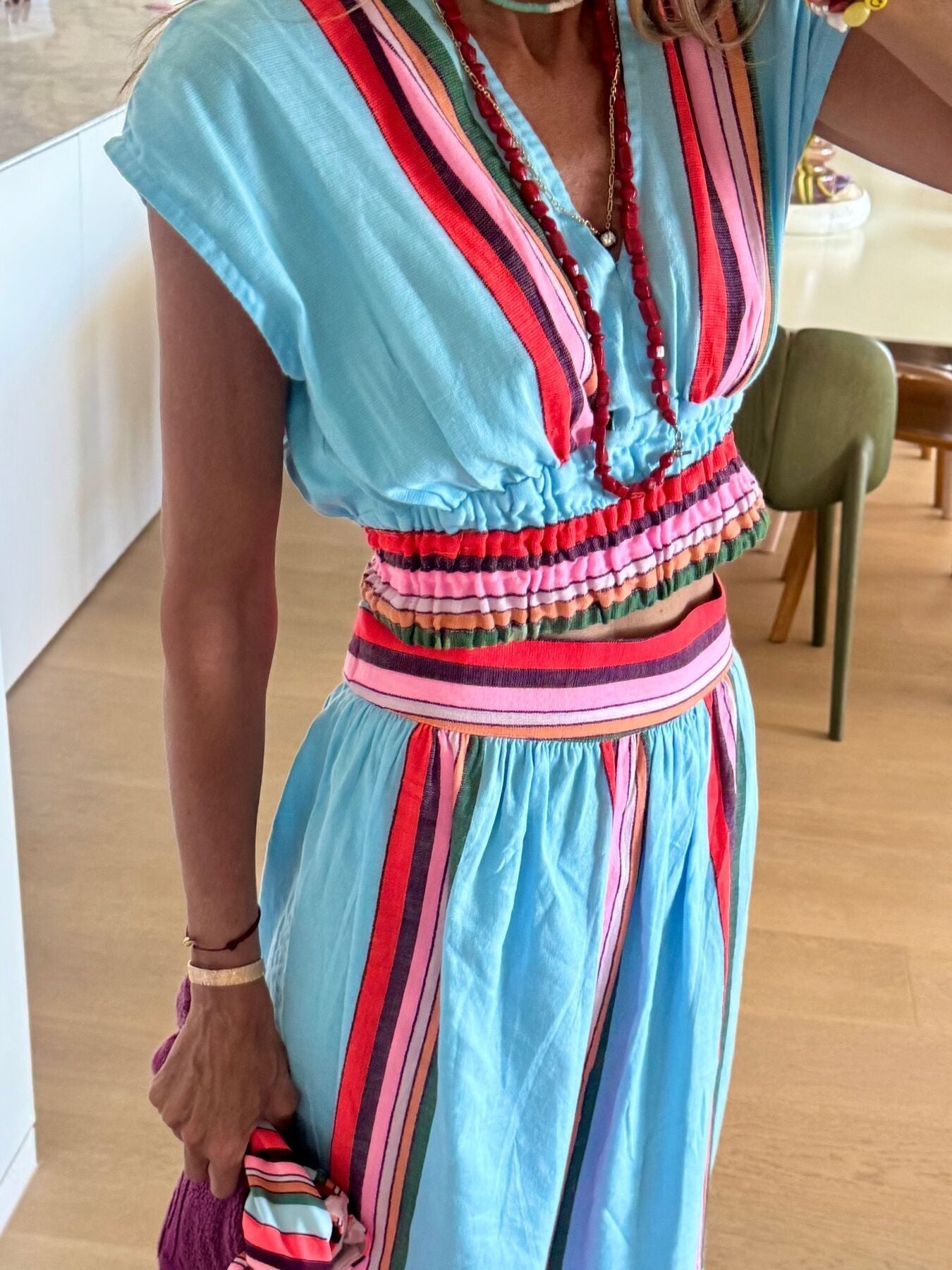 Striped Cap Sleeve Top and Skirt Set