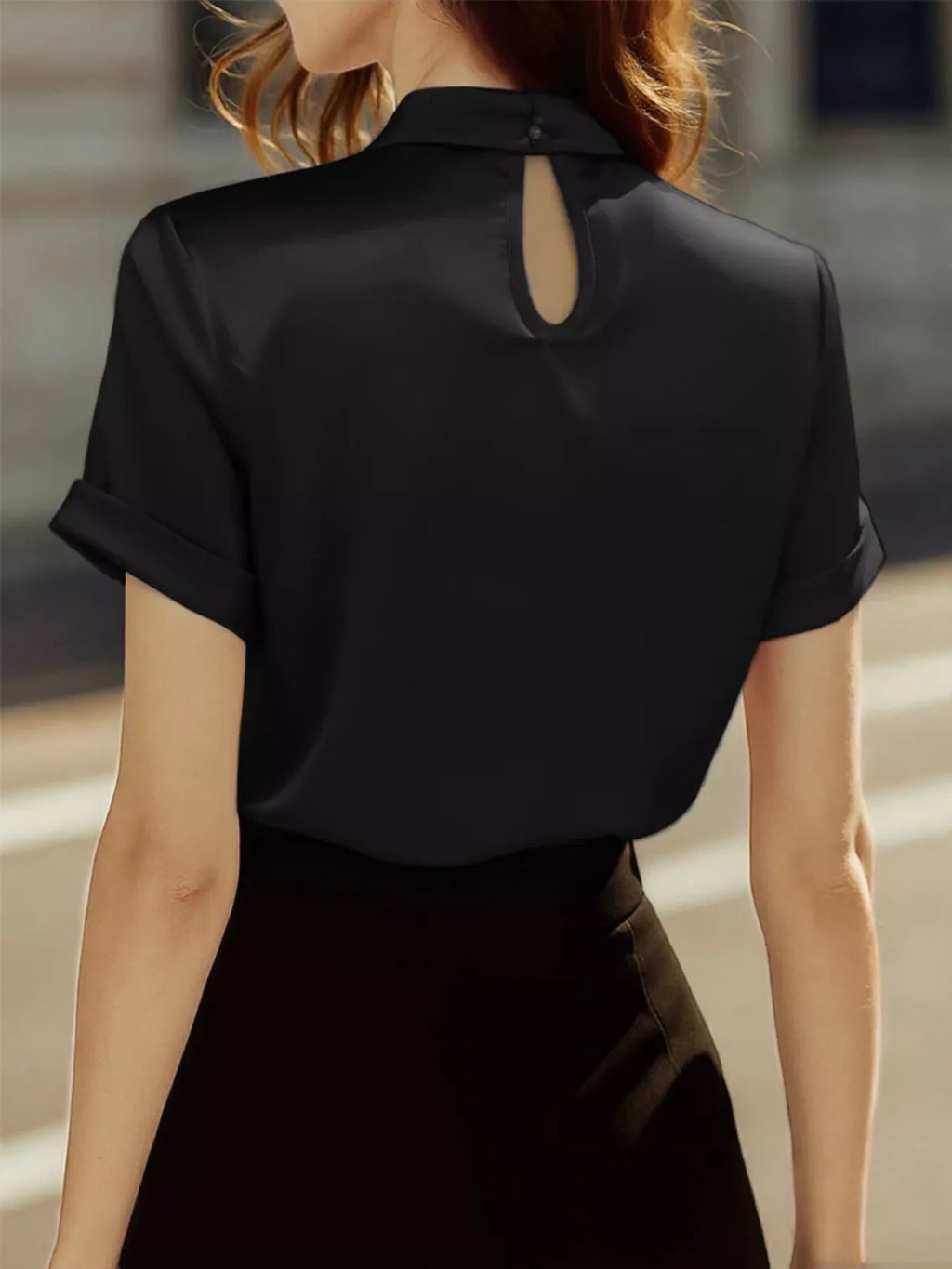 Keyhole Neck Satin Short Sleeve Blouse