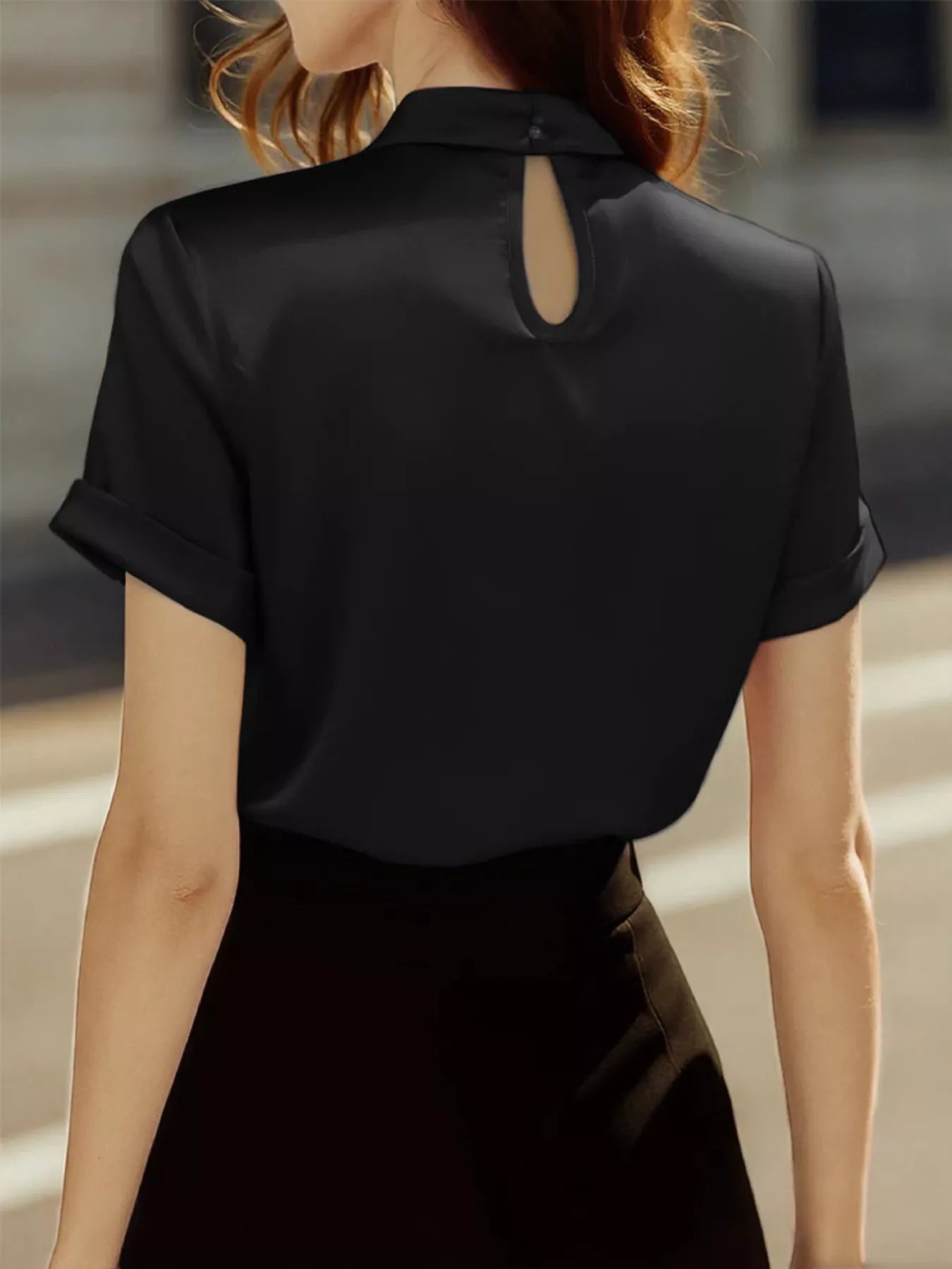 Keyhole Neck Satin Short Sleeve Blouse