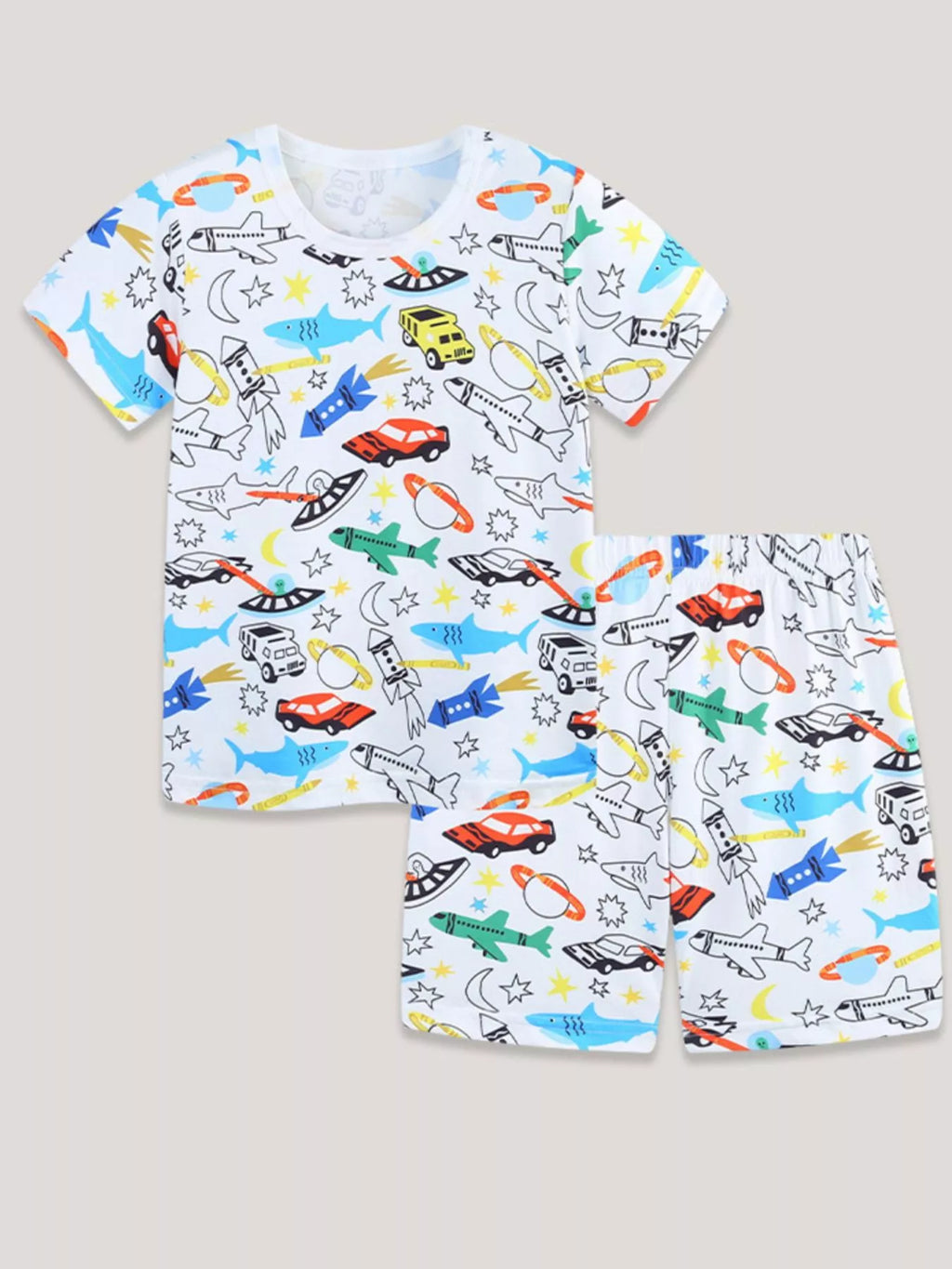 Children's Cartoon Vehicle Print Tee and Shorts Set