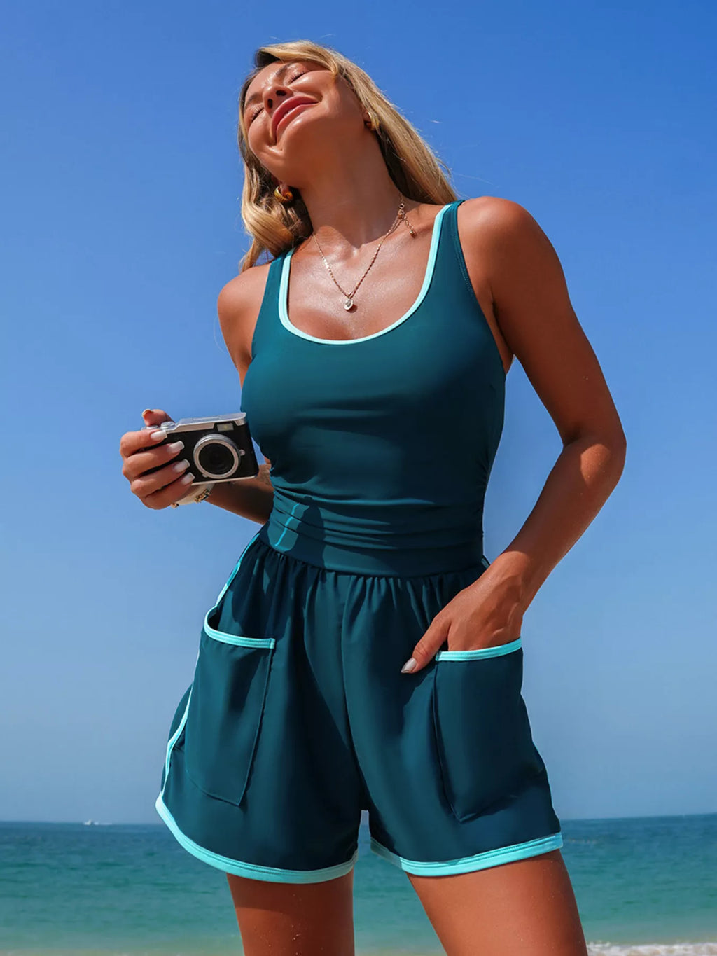 Contrast Trim Scoop Neck One Piece Swimsuit