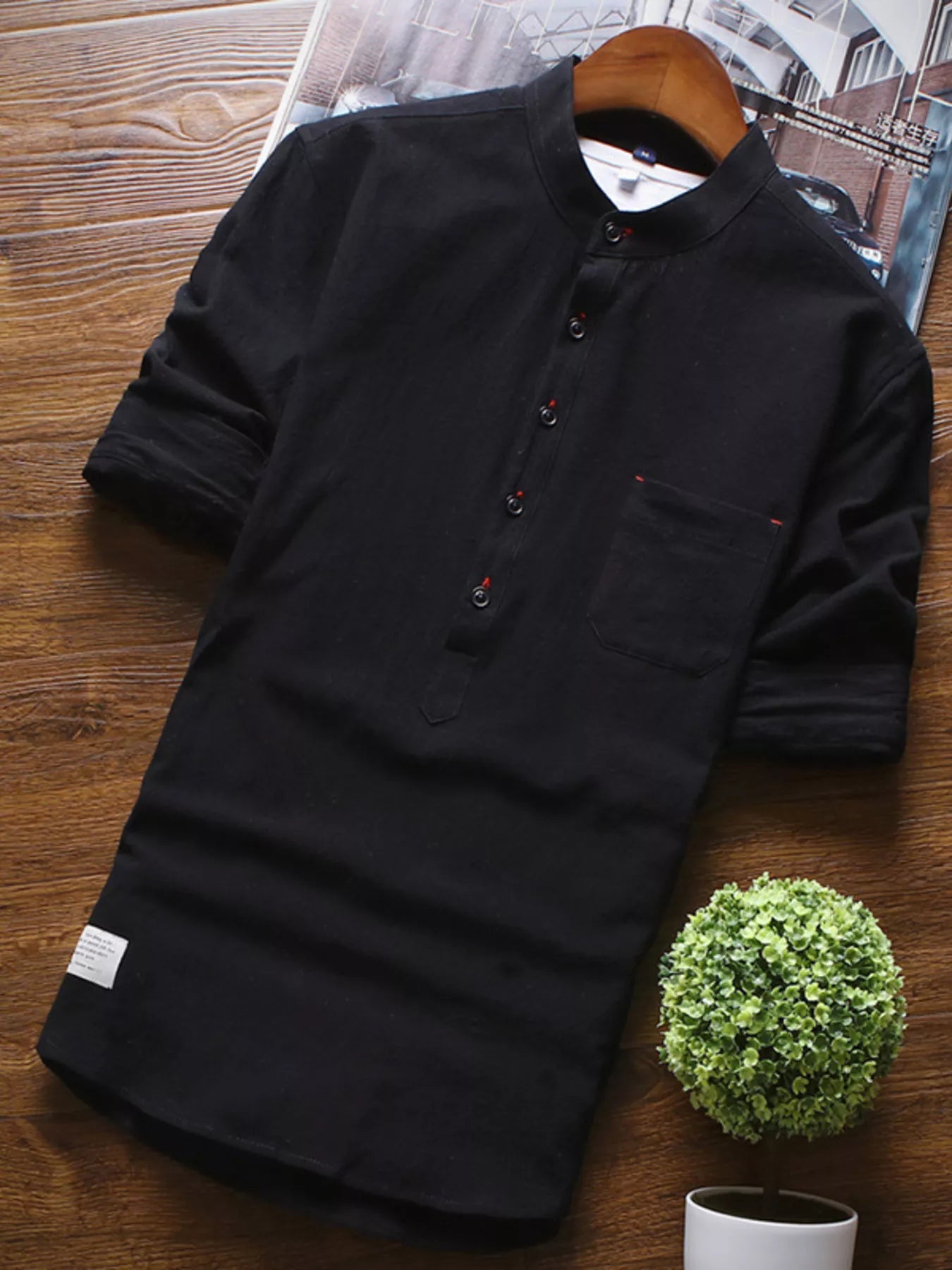 Men's Full Size Casual Mandarin Collar 3/4 Sleeve Shirt Plus Size