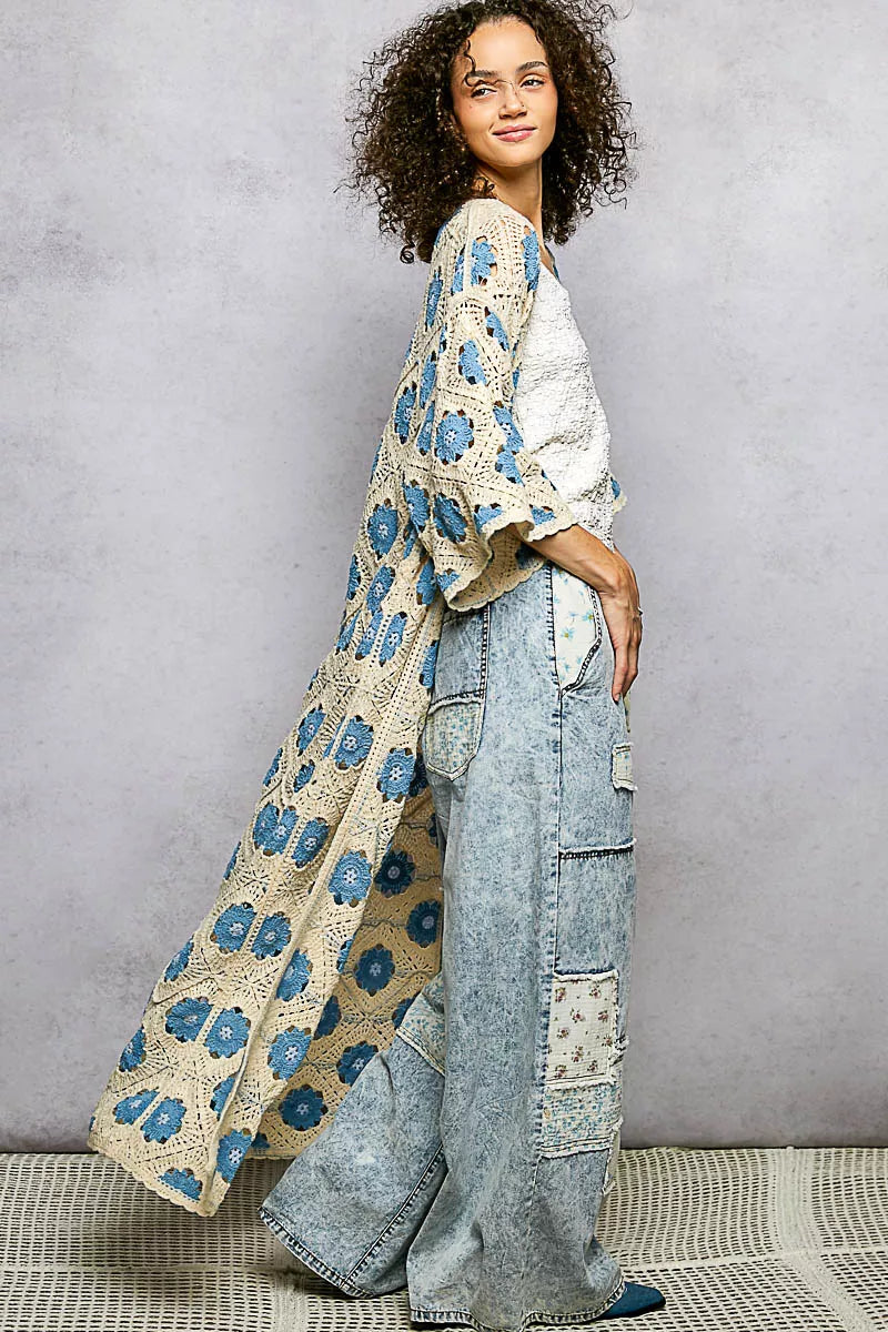 POL Open Front Floral Crochet Longline Cardigan