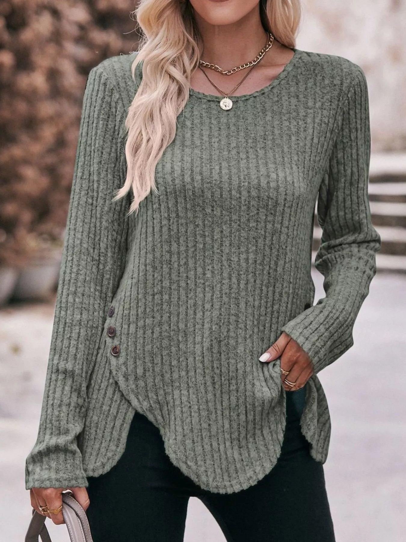 Ribbed Knit Long Sleeve T-Shirt