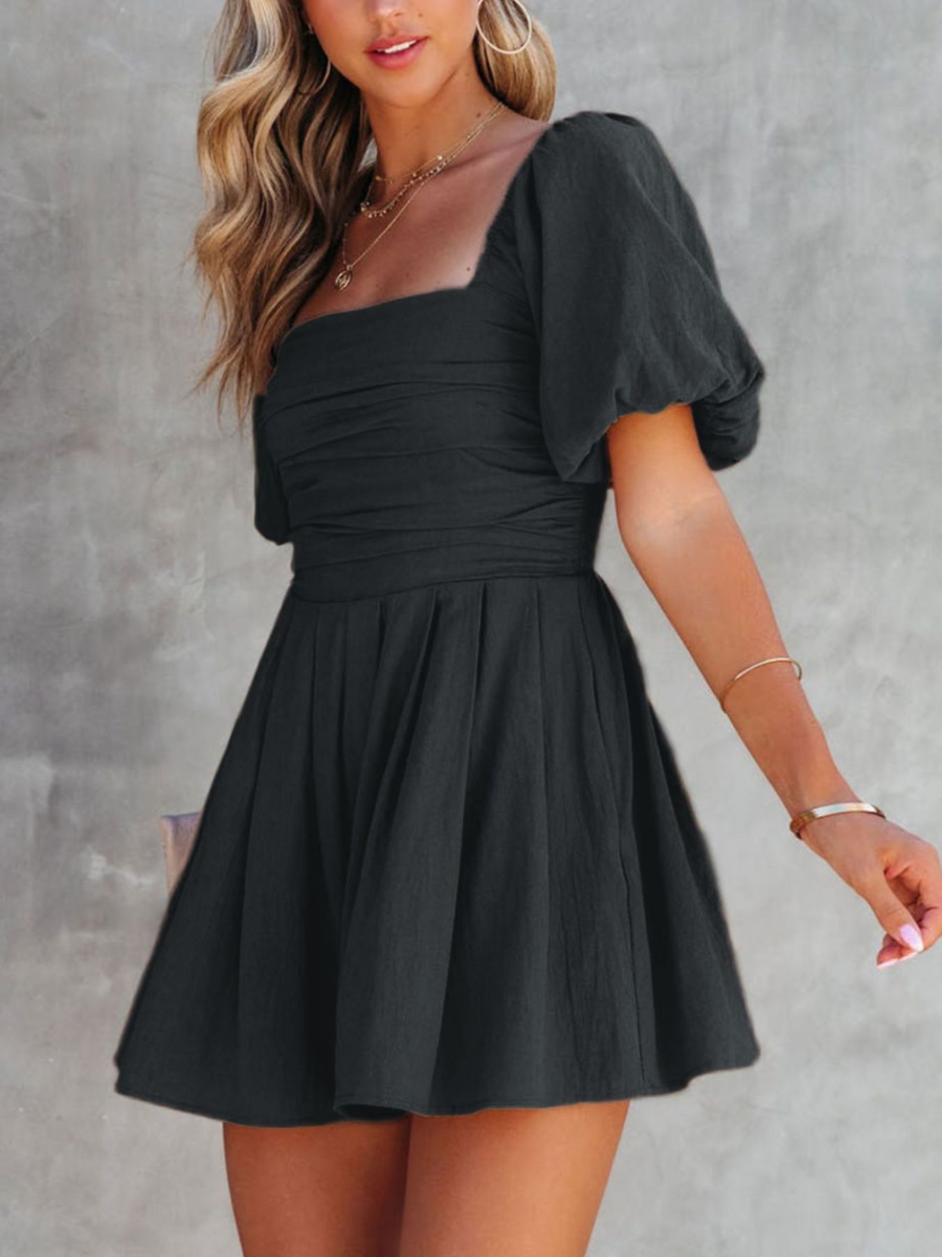 Square Neck Ruched Puff Sleeve Romper