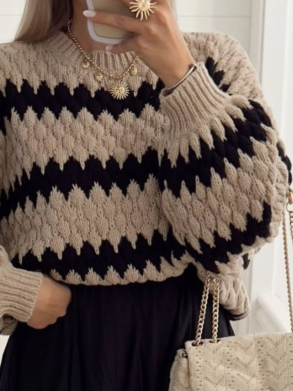 Striped Round Neck Dropped Shoulder Sweater