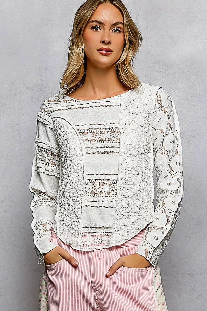 POL Round Neck Long Sleeve Exposed Seam Top with Lace Detail