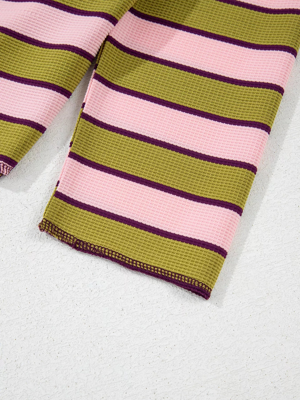 Stripes Waffle Texture Notched Neck Long Sleeve Top