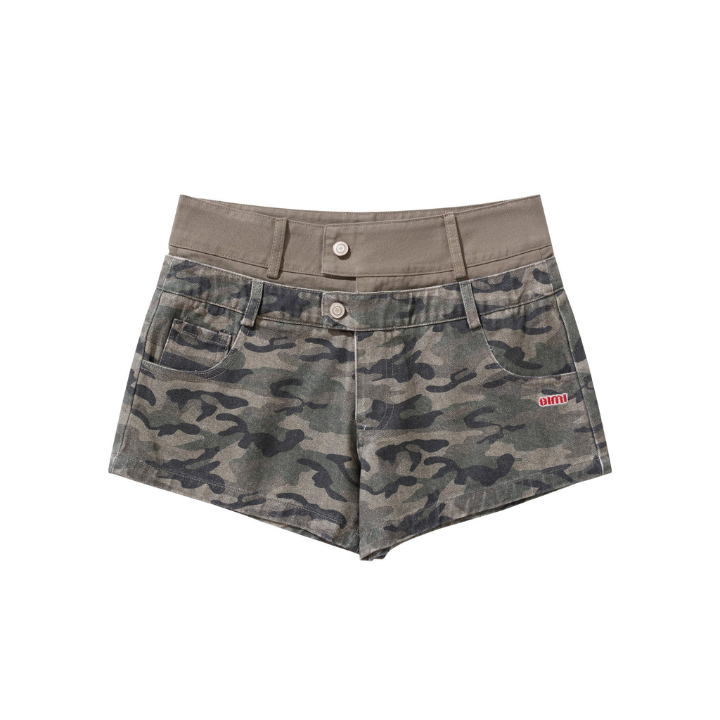 Camouflage double-layer waist low waisted denim shorts for women