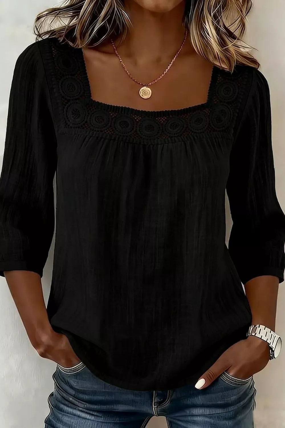 Crochet Trim Square Neck Blouse